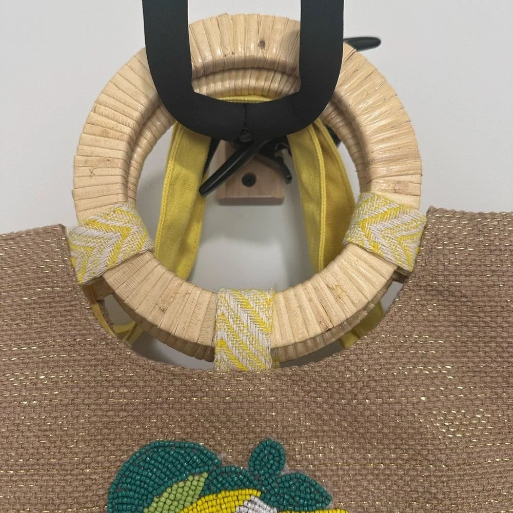 Woven Beaded Lemon Accent Tote Bag in Yellow and Tan Metallic